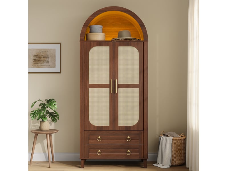  Armoire de rangement 76x50x184 cm avec 2 portes,  éclairage LED, en MDF et panneau de particules, coloris marron, design simple  - Conforama B