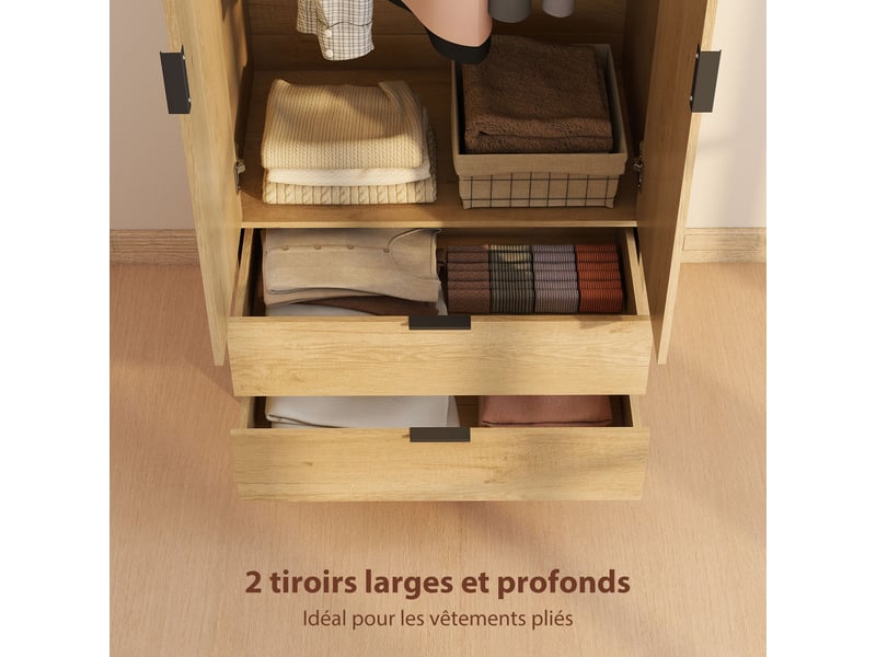  Armoire chambre penderie avec 2 portes à fermeture douce, 80x50x180cm, 2 tiroirs et barre de suspension, bois naturel  - Conforama E