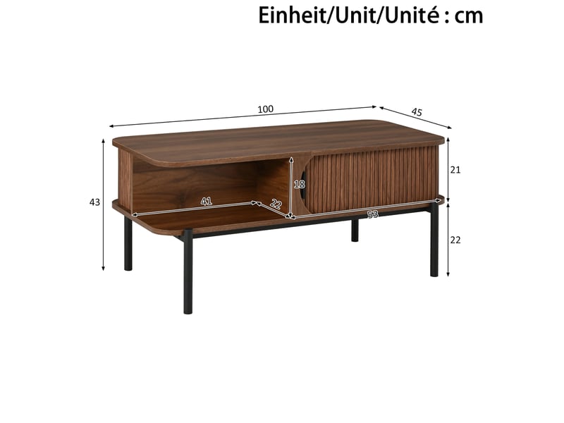  Table basse rectangulaire 100 x 45 x 43 cm – bois foncé – rangement avec portes coulissantes  - Conforama C