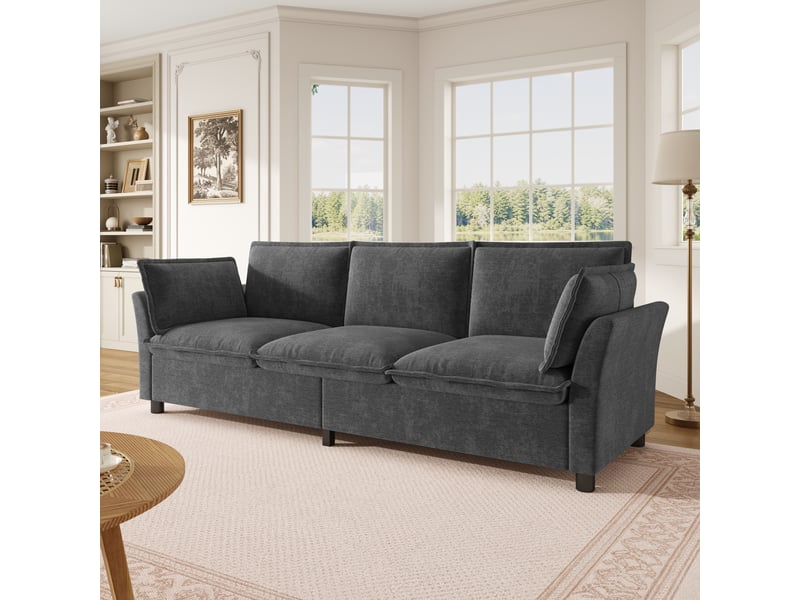 Canapé modulable 3 places 220x81x87 cm, canapé salon effet nuage avec cadre en métal et 2 coussins d'accoudoirs, chenille, gris - Conforama E