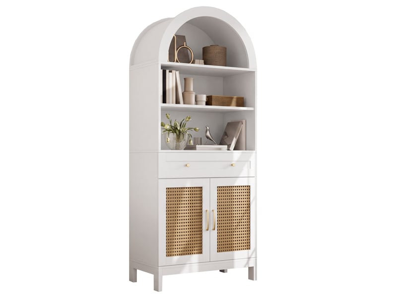  Buffet haut arqué 70x40x170 cm avec 2 portes effet rotin, 3 niches ouvertes, 1 tiroir, anti-basculement, blanc et bois naturel, salon entrée  - Conforama A
