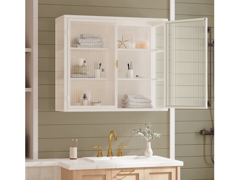  Armoire murale 2 portes en métal blanc et verre trempé 70 cm, 3 niveaux de rangement pour votre intérieur  - Conforama E