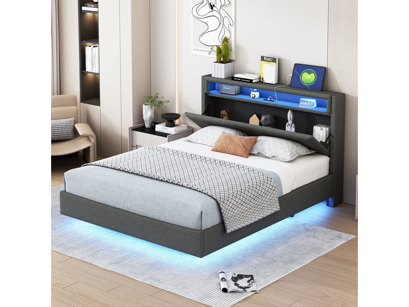  Lit 160x200 cm gris en tissu, tête de lit intégrée, led et usb, pieds cachés  - Conforama B