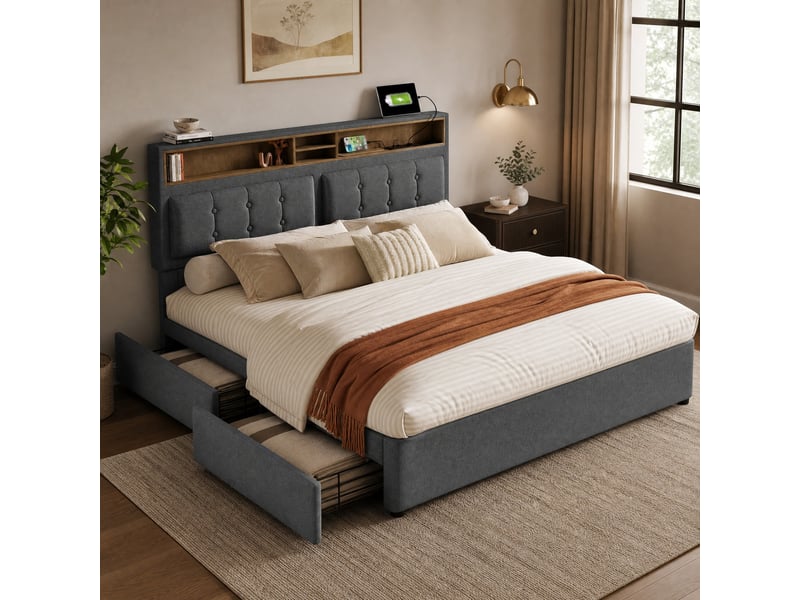  Lit double avec 4 tiroirs et prises usbtype-c gris 140 x 200 cm  - Conforama B