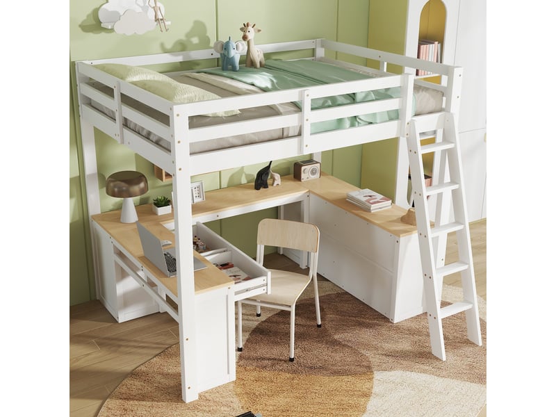 Lit mezzanine 140 × 200 cm avec bureau en u, 2 tiroirs et étagère, blancnaturel IKSETERA TRADING LTD - Conforama B