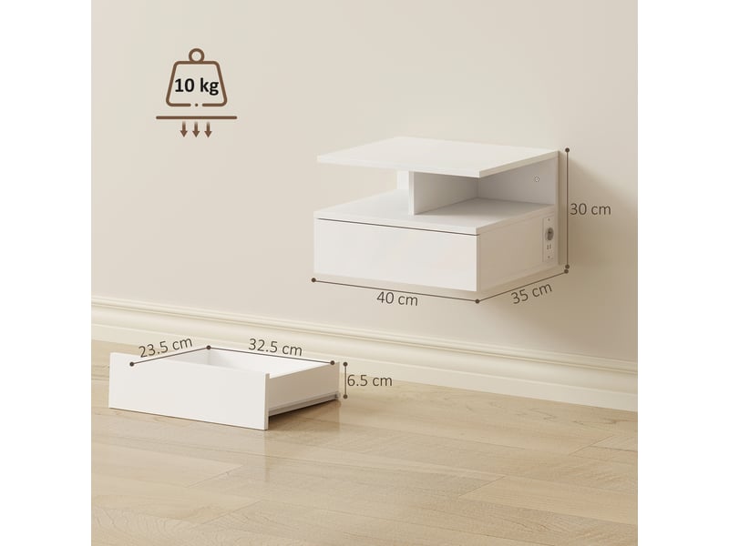  Ensemble de 2 tables de chevet suspendues pour chambre à coucher, 40 x 35 x 30 cm, blanches  - Conforama E