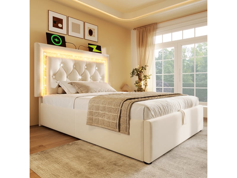  Lit coffre simple 90x200 cm - lit en velours beige avec led et station de charge, rangement hydraulique, sans matelas  - Conforama E