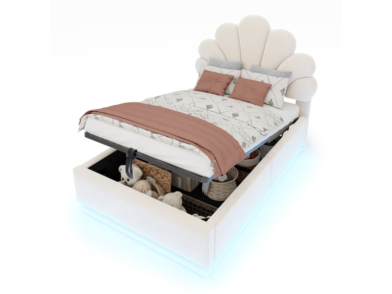  Lit coffre modenvie 90 x 200 cm avec tête de lit fleurie, éclairage led, rangement hydraulique, velours beige et cadre métallique  - Conforama A
