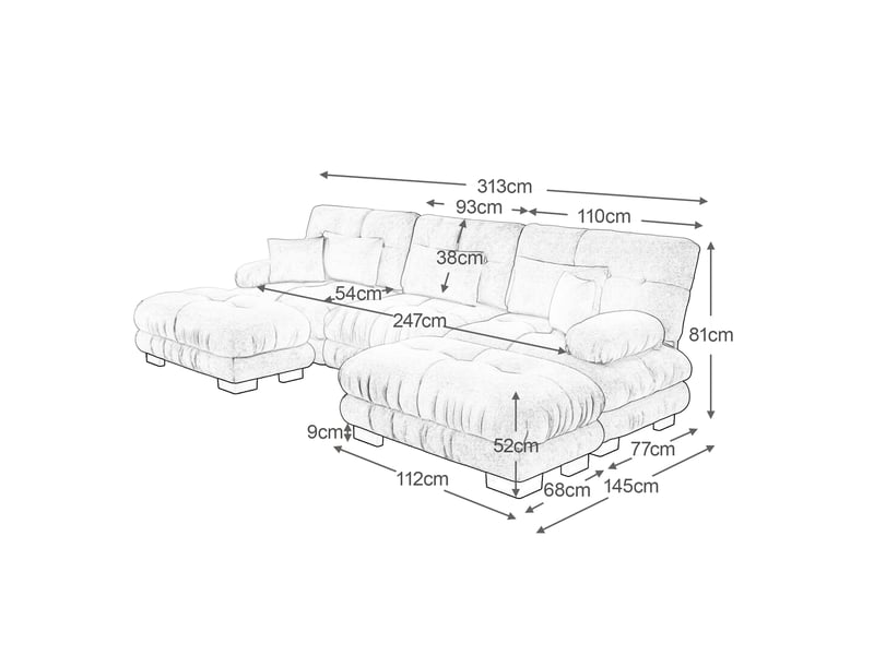 Canapé panoramique en u modulable avec assise profonde et ottoman, en chenille vert pour salon - Conforama E