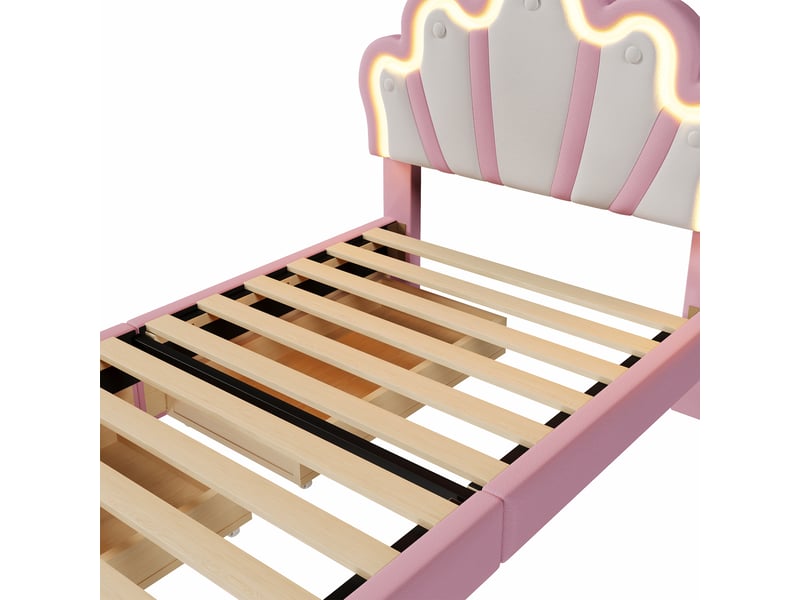  Lit enfant 90x200 cm avec led, tiroirs, sommier et tête réglable, lit princesse, pu rose, sans matelas  - Conforama E
