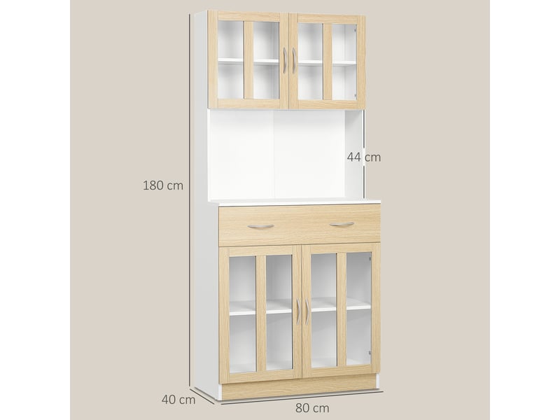  Buffet haut de cuisine armoire de cuisine multi-rangement 4 portes vitrine verre avec tiroir étagère coulissant grand plateau en bois blanc aspect chêne clair  - Conforama C