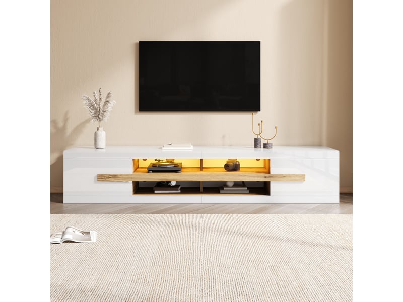  Meuble tv 200x40x38 cm, banc tv, meuble télévision, salon, éclairage led, 2 portes, rangement, panneaux de particules, blanc CozyNest - Conforama E