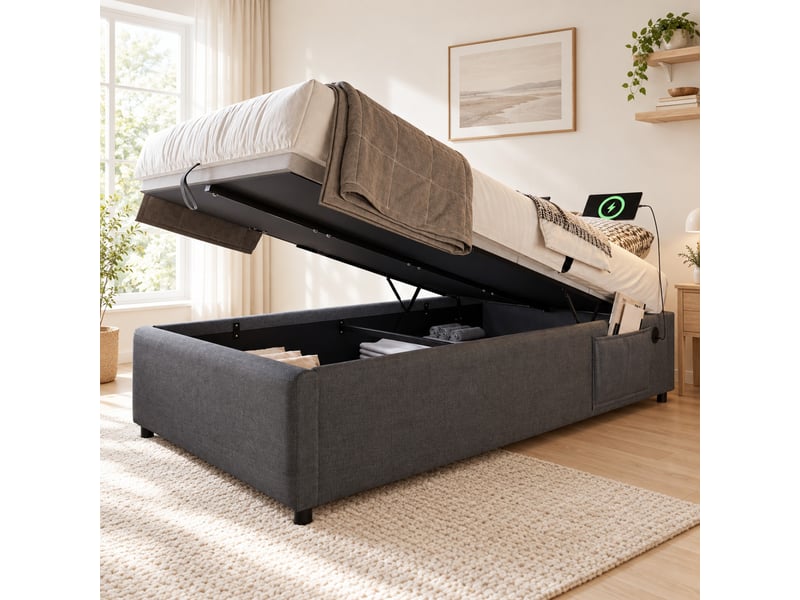  Sommier coffre 90x190cm, gris, avec poches latérales, charge, pour chambre, structure métallique, bois et revêtement coton-lin, sans matelas  - Conforama B