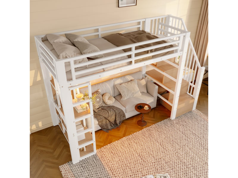  Lit mezzanine enfant 200×90 cm avec rangements, escalier intégré et led, sans matelas, en métal et mdf blanc  - Conforama C