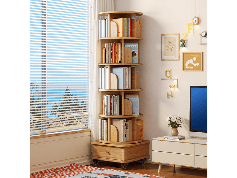  Bibliothèque pivotante 360° bois naturel - meuble de rangement rond avec roulettes et tiroir pour petits espaces  - Conforama C