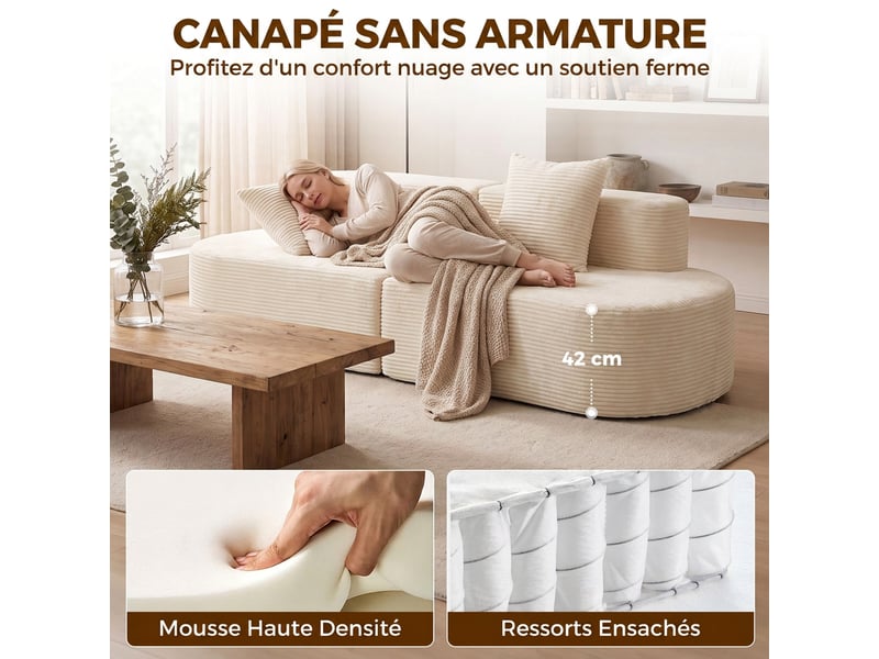  Canapé 3 places incurvé, velours côtelé 245cm, canapé salon, assise profonde, 2 coussins, compressé sans montage, crème  - Conforama R
