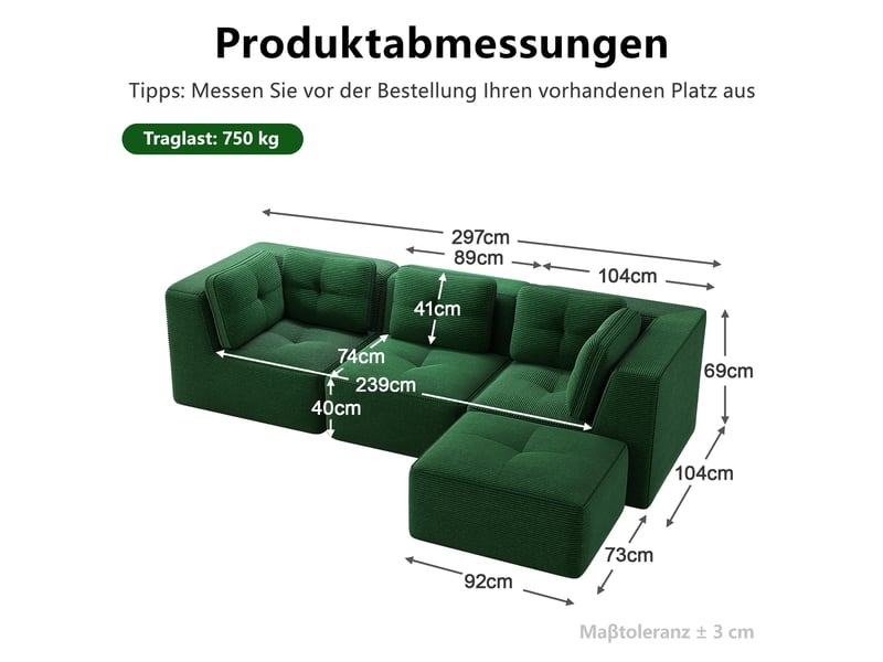  Canapé d’angle modulable 3 places velours côtelé vert – 297 x 177 x 69 cm Fay Lum - Conforama C