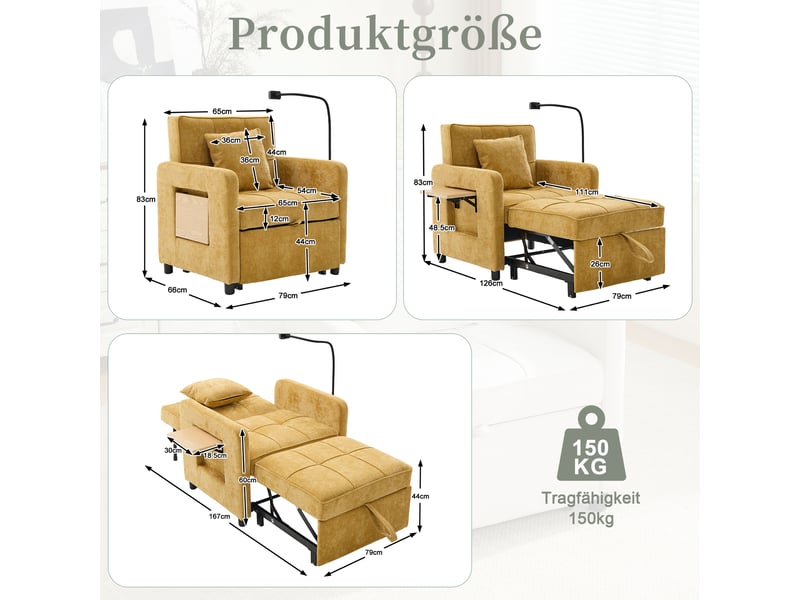  Fauteuil-lit 2-en-1 jaune moutarde en chenille avec coussin et rangements  - Conforama C