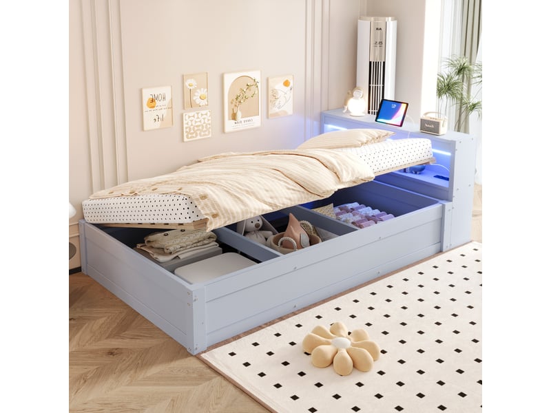  Canapé-lit 90x200 cm, lit enfant, couchage d'appoint, rangement hydraulique, led, bois gris, prise intégrée  - Conforama C