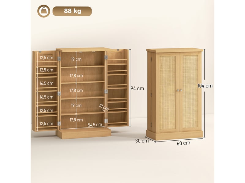  Meuble de cuisine en rotin de 104 cm avec étagère à 5 niveaux, 12 compartiments à épices et étagères réglables, naturel  - Conforama E