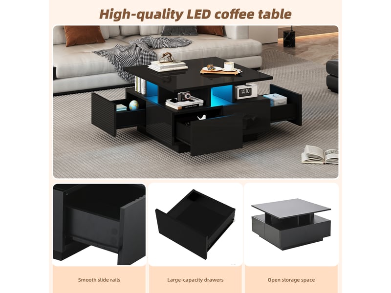  Table basse avec 4 tiroirs, led et rangement pour salon 70×70×40 cm en panneaux de particules noir  - Conforama C