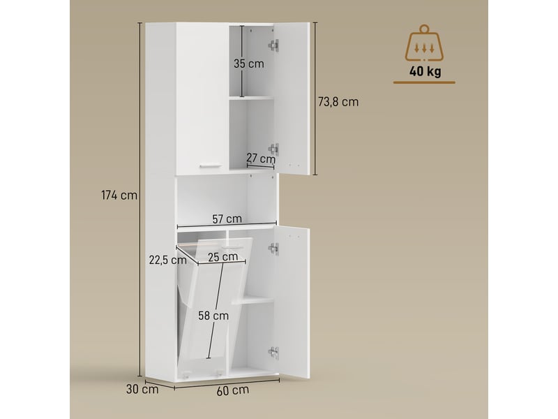  Meuble de salle de bain de 174 cm de haut avec panier à linge pliable et portes à fermeture amortie, blanc  - Conforama E
