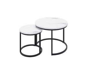 Table basse gigogne blanche 2 pièces – cadre métallique rond 60 cm, moderne – salon, chambre, bureau, petit espace