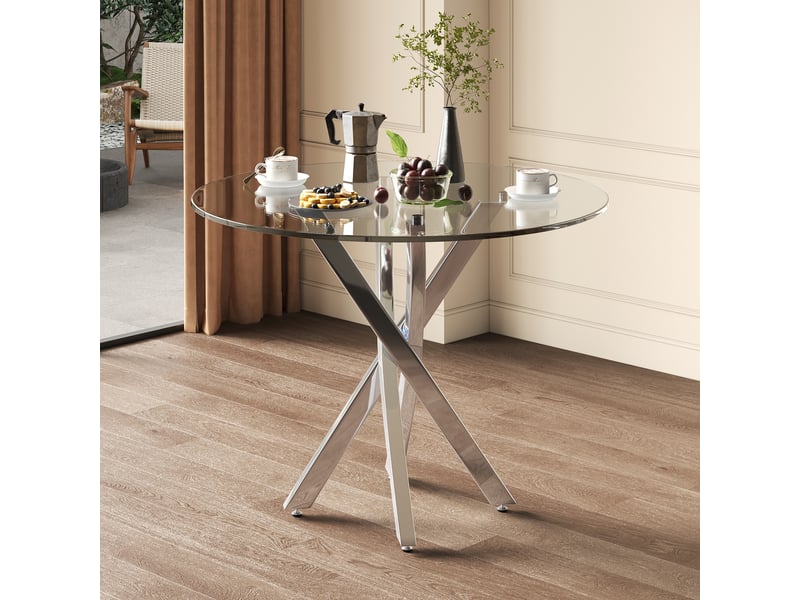 Table à manger ronde 80 x 80 x 75 cm avec plateau en verre trempé et pieds métal - design moderne et élégant, argenté - Conforama C