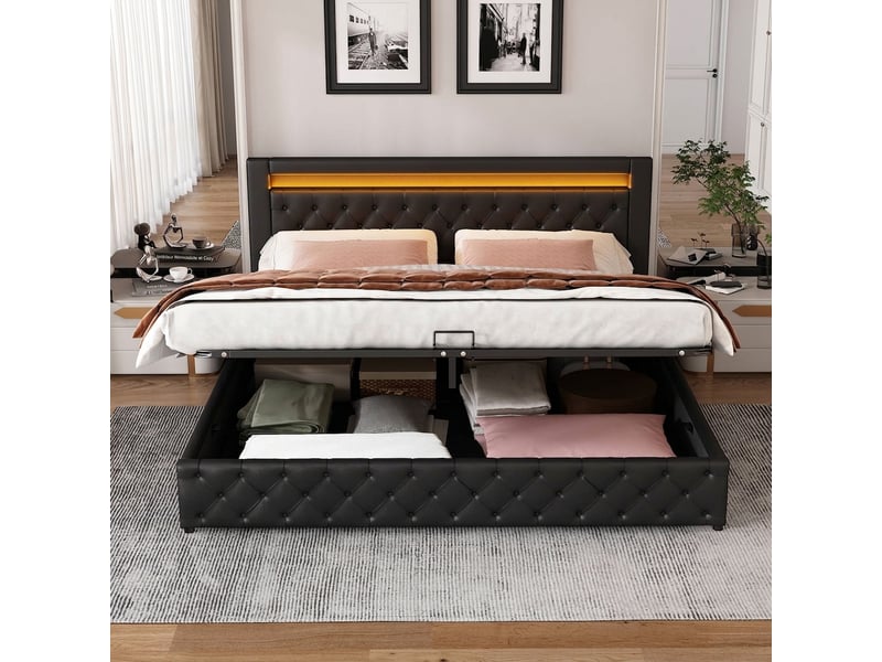  Lit coffre 160x200 avec led et sommier à lattes, structure capitonnée, noir  - Conforama C