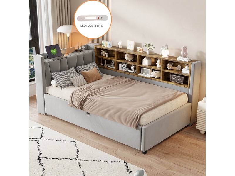Canapé-lit 90x200 cm avec rangement – avec éclairage – avec ports de charge usb et type-c – avec compartiments de rangement – gris clair (matelas non inclus) - Conforama E