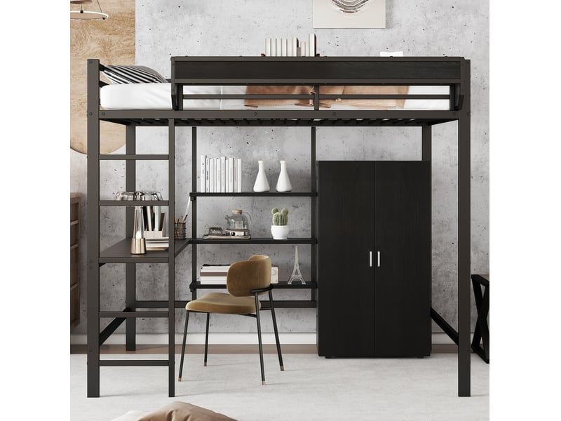  Lit mezzanine enfant 140x200 cm – noir – bureau, armoire et rangements intégrés, sommier métallique - sans matelas  - Conforama B