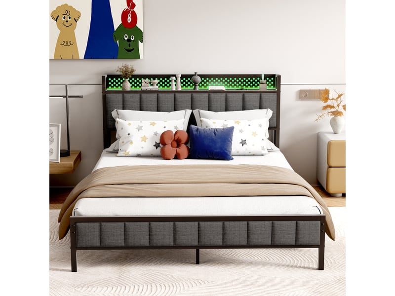 Lit double 140x200 cm - tête de lit rembourrée avec éclairage led et 2 ports usb - structure métal robuste - noir  - Conforama D