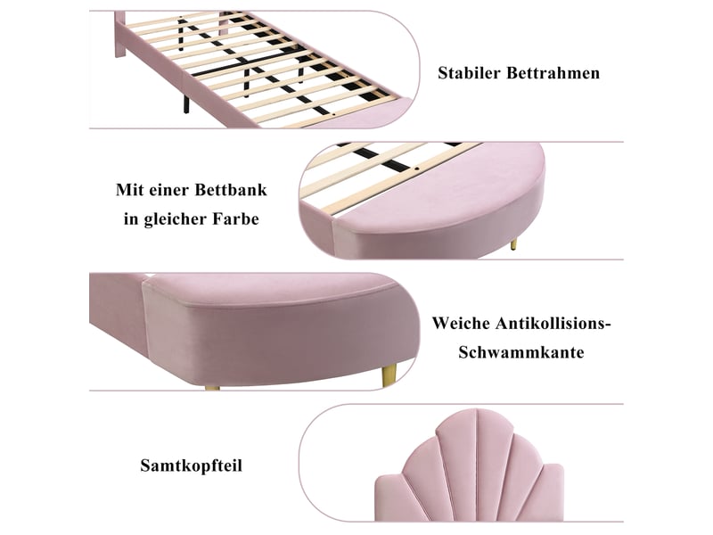  Lit simple 90×200 cm tête de lit en velours et banquette  - sans matelas, velours - rose  - Conforama E