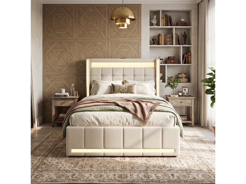  Dreammespace lit simple 90x200 cm avec 2 tiroirs et prises usb type-c éclairage led sommier à lattes chambre tissu lin beige DreamMespace - Conforama C