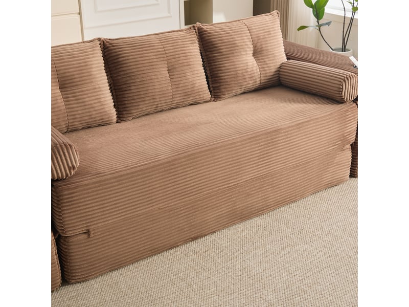 Canapé convertible 3 places en velours côtelé marron avec coffre et tiroir intégré sous l'assise - Conforama R