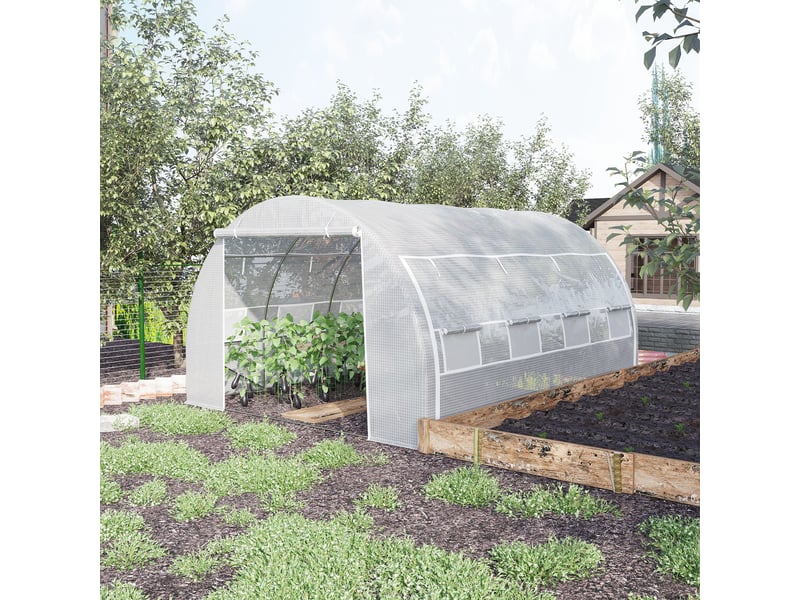 Serre de jardin serre tunnel 12 m² avec porte, parois latérales enroulables 8 fenêtres acier pe 4 x 3 x 2 m blanc  - Conforama C