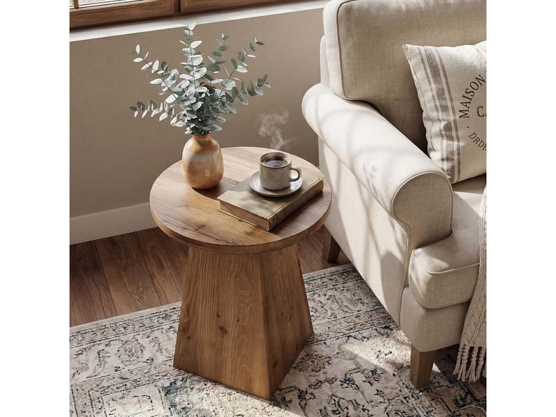 Table d'appoint ronde en bois massif avec piètement trapézoïdal, table de canapé compacte - Conforama E