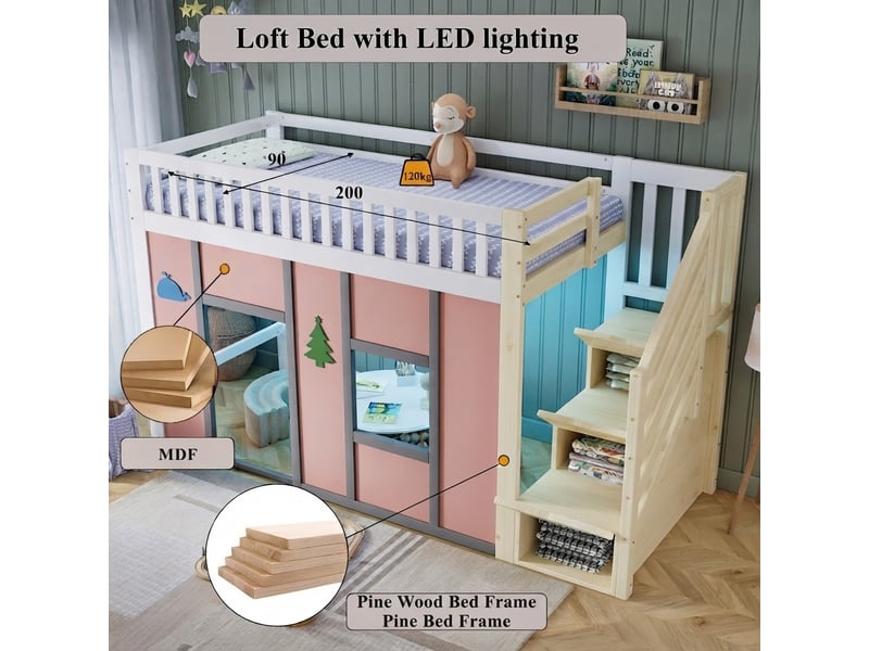  Lit jeune, 90x200 cm, éclairage led, rangement intégré, en bois massif, bicolore cao-N622T987456W-conf-NEW - Conforama R