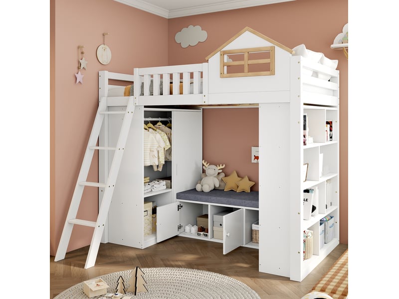  Lit mezzanine enfant 90 x 200 cm avec armoire, étagères et banquette blanc naturel  - Conforama E