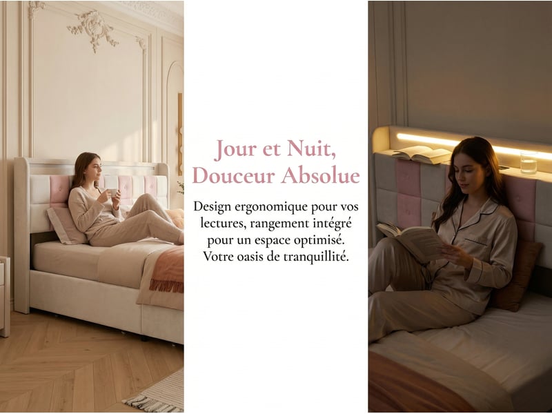  Lit 2 places 140 x 200 cm - avec tiroirs de rangement - éclairage led intégré - port usb - velours  - Conforama E