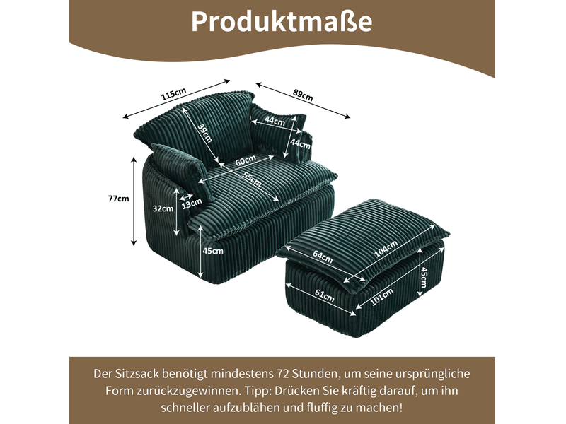  Fauteuil convertible ulevr 1 place avec pouf, velours côtelé vert, mousse haute densité, 115 x 89 x 77 cm  - Conforama C