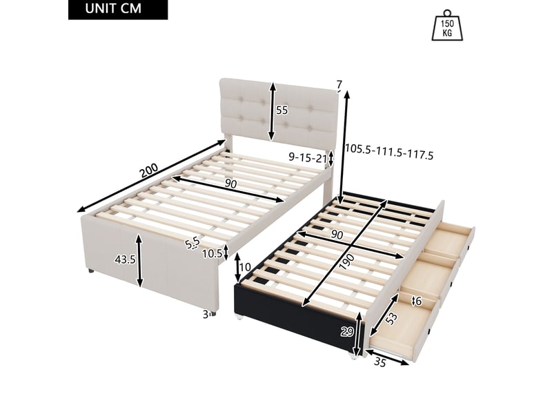  Lit gigogne 90x200 cm avec 3 tiroirs et tête de lit réglable en lin beige  - Conforama E