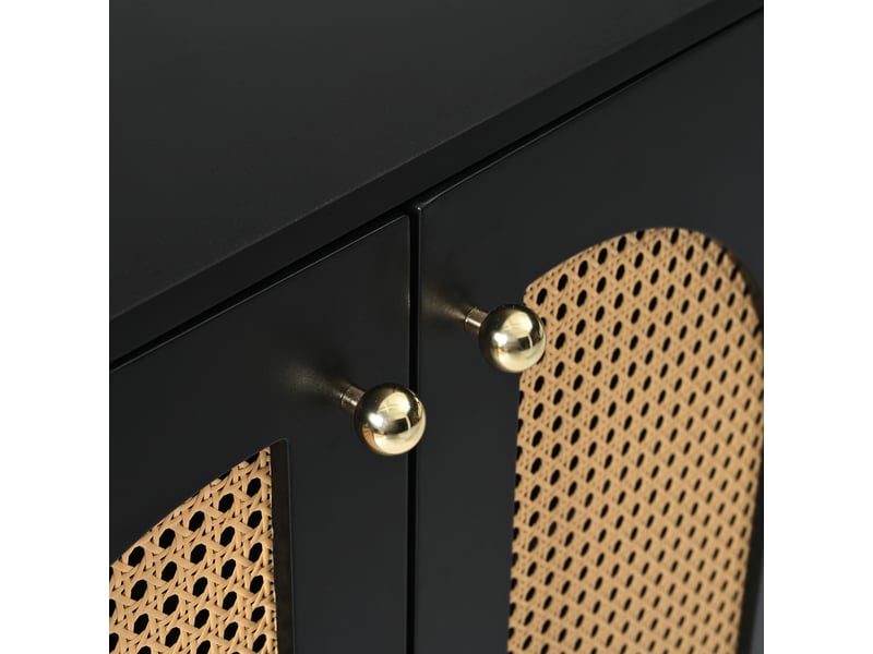  Buffet moderne noir avec 4 portes en rotin synthétique, meuble de rangement pour salle à manger et salon, 145 cm  - Conforama W