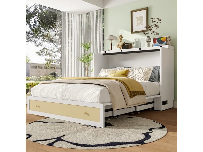  Lit escamotable 140x200 cm, design moderne, espace de rangement, avec tiroirs, usb et prise, mdf, blanc, sans matelas  - Conforama D