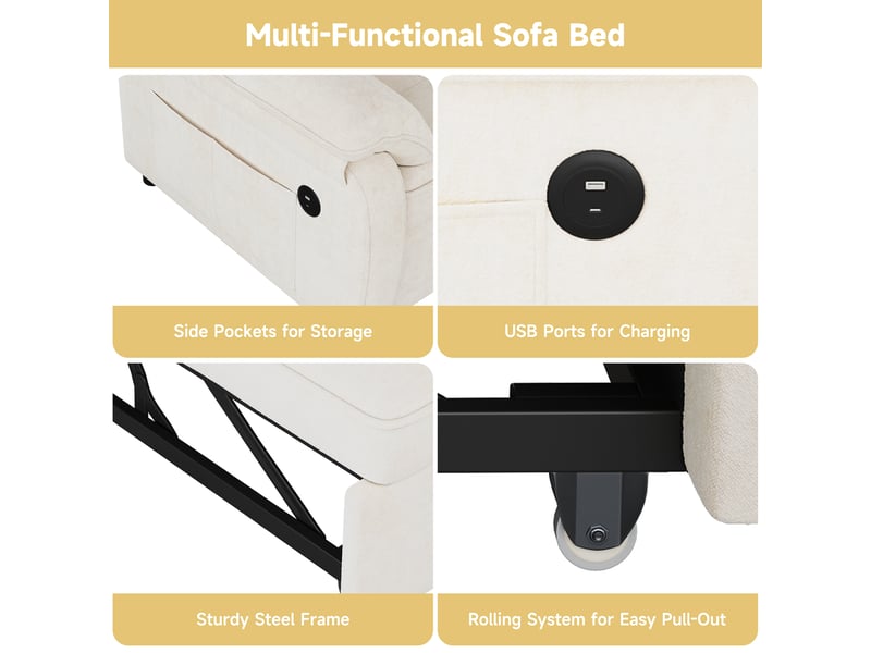  Canapé droit convertible en tissu chenille,3-en-1 canapé pliable 2 places fonction lit avec ports usbtype-c,accoudoirs coussinés,2 coussins,beige  - Conforama D