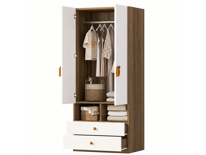  Armoire 2 portes 70 x 50 x 170 cm avec 2 tiroirs et niches, coloris bois et blanc  - Conforama A