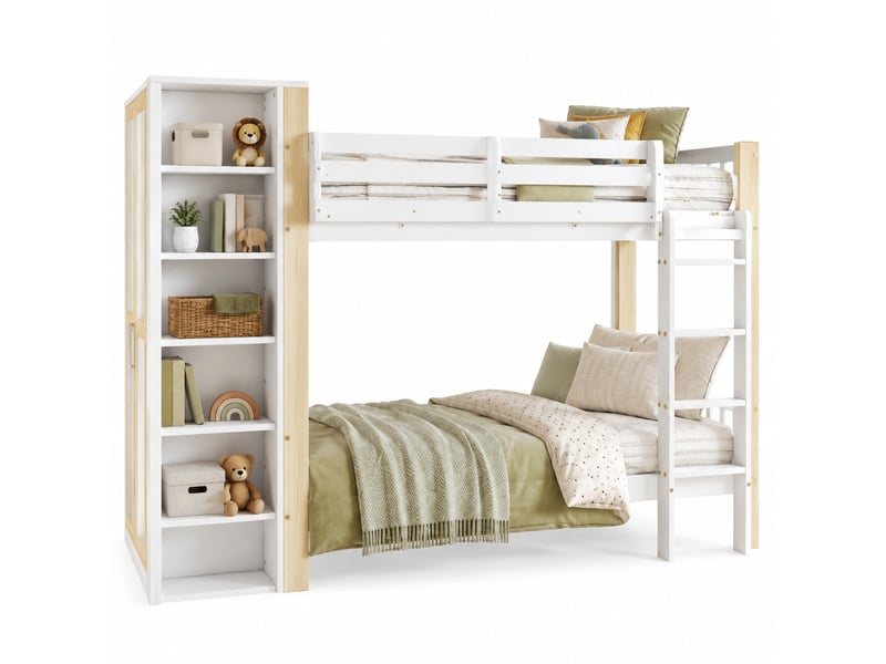 Lit superposé enfant 90x200 cm – blanc et naturel – armoire latérale et 6 étagères - sans matelas - Conforama A