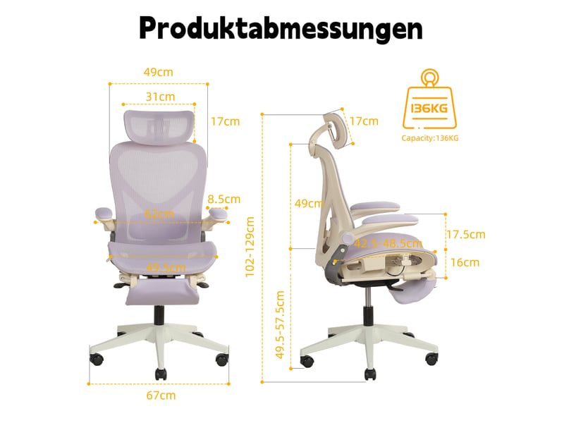 Chaise de bureau ergonomique pliable avec soutien lombaire et repose-pieds, violet evryae - Conforama E