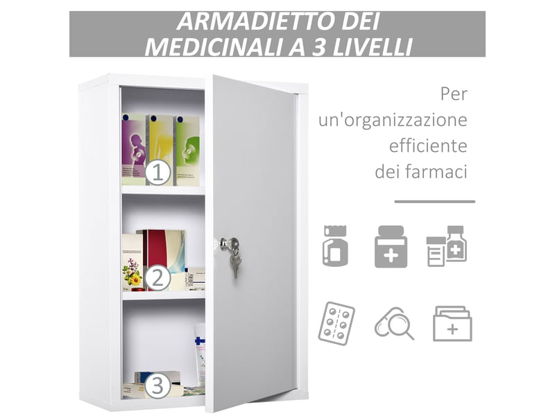  Armoire à pharmacie murale en acier blanc, serrure à 2 clés, 40 x 18 x 60 cm  - Conforama W