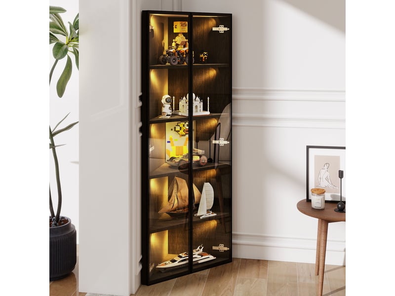  Vitrine d’angle led 62 × 35 × 160 cm, avec 2 portes en verre trempé, étagères ouvertes, meuble de rangement, noir, format compact, finition soignée CARDUME ESTIVAL - Conforama D